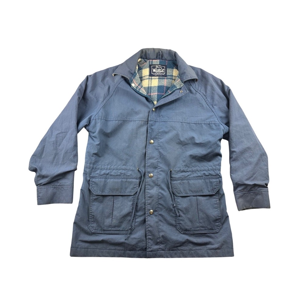 Vintage Woolrich Jacket Women L Blue Plaid Lined USA Made Pockets Snap Zip Front